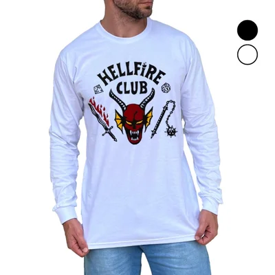 Camiseta Manga Longa Hellfire Club Stranger Things com Reforço - Unissex Camiseta Manga Longa Hellfire Club Stranger Things com Reforço - Unissex